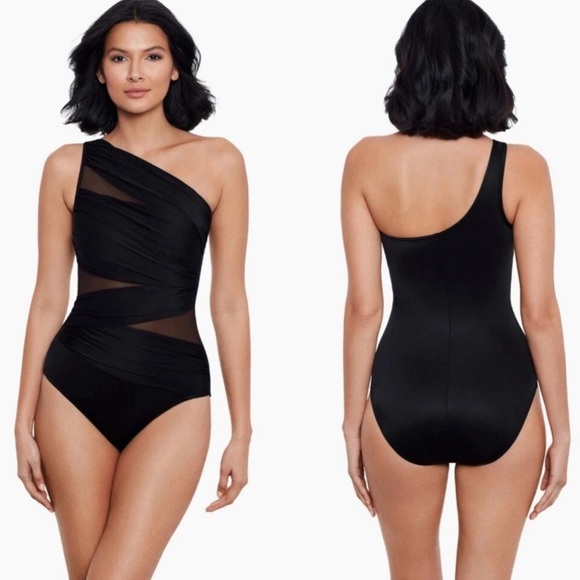 Miraclesuit Network Jenna black one shoulder mesh swimsuit - Picture 1 of 9